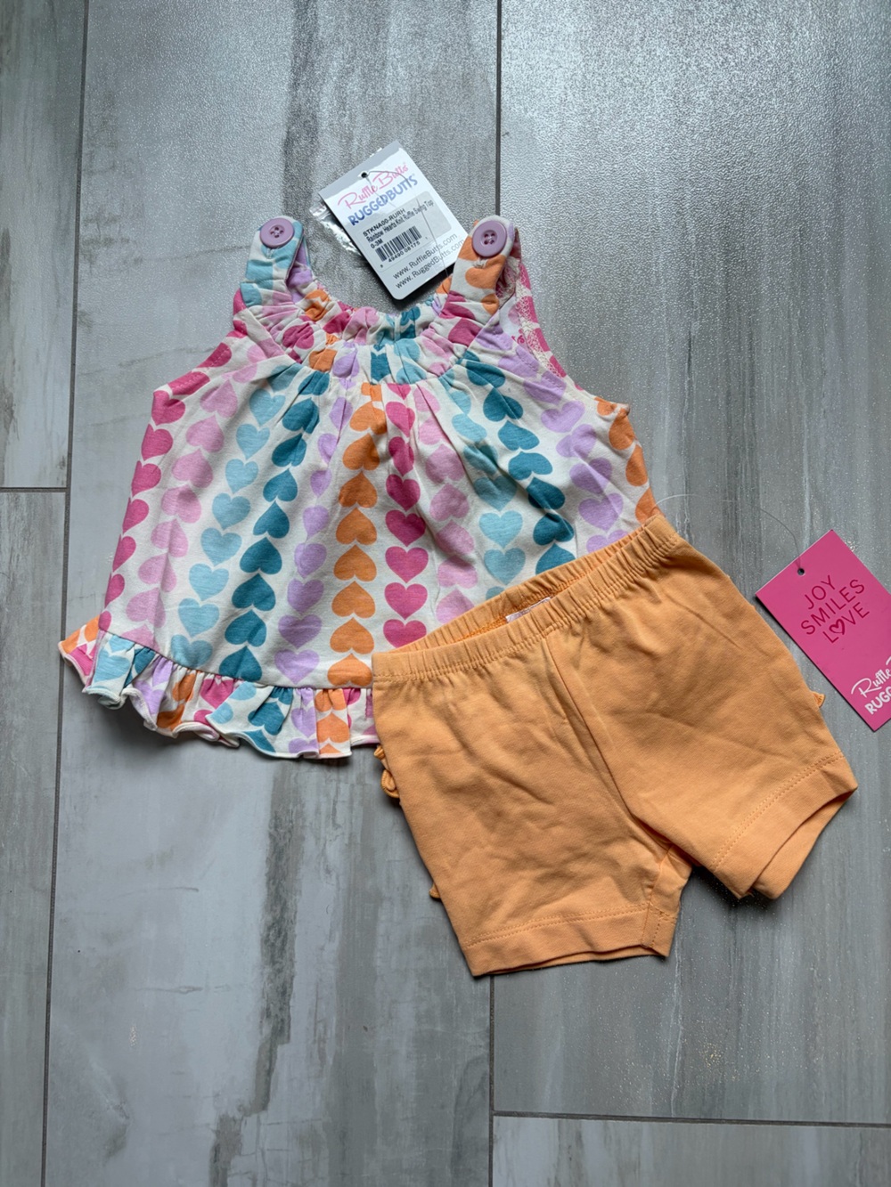 NWT RuffleButts Rainbow Hearts Swing Top & Matching Apricot Shorts Set 0-3M